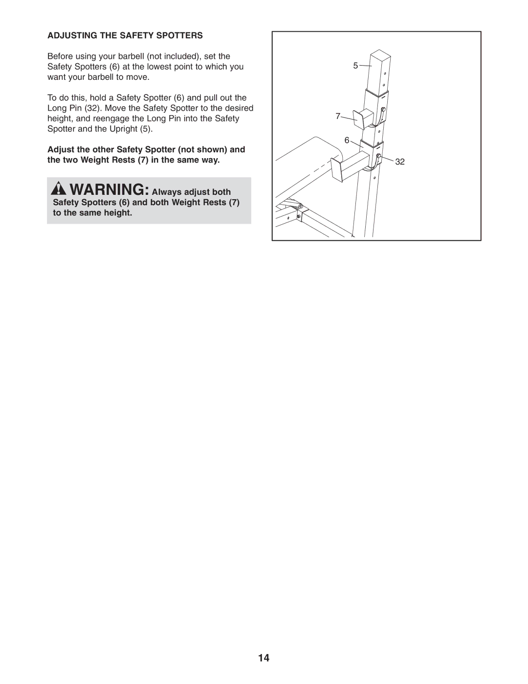 Gold's Gym GGBE25580 manual Adjusting the Safety Spotters 