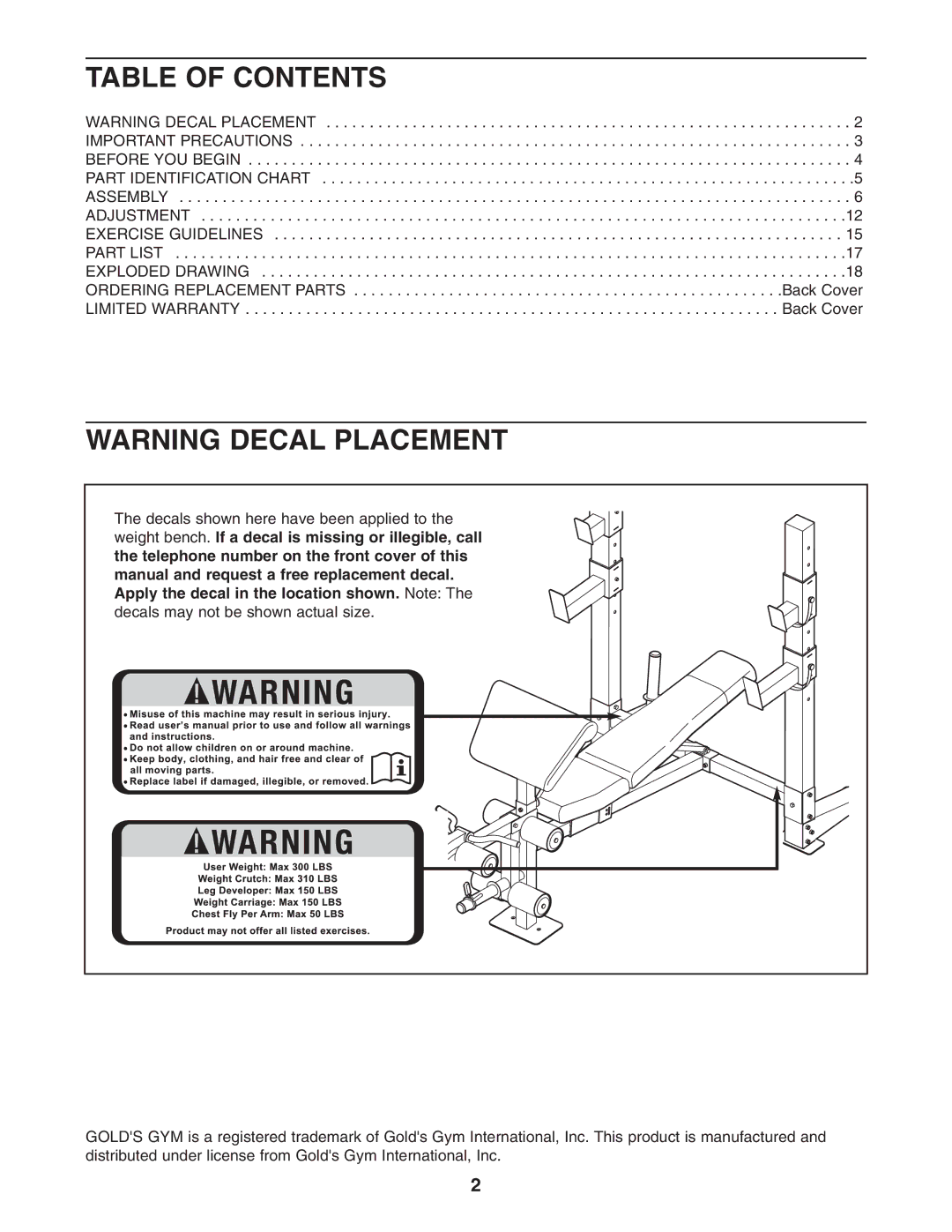 Gold's Gym GGBE25580 manual Table of Contents 