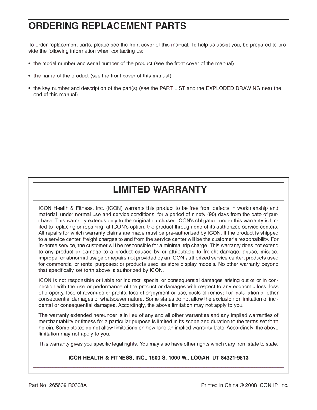 Gold's Gym GGBE25580 manual Ordering Replacement Parts, Limited Warranty, Icon Health & FITNESS, INC., 1500 S W., LOGAN, UT 