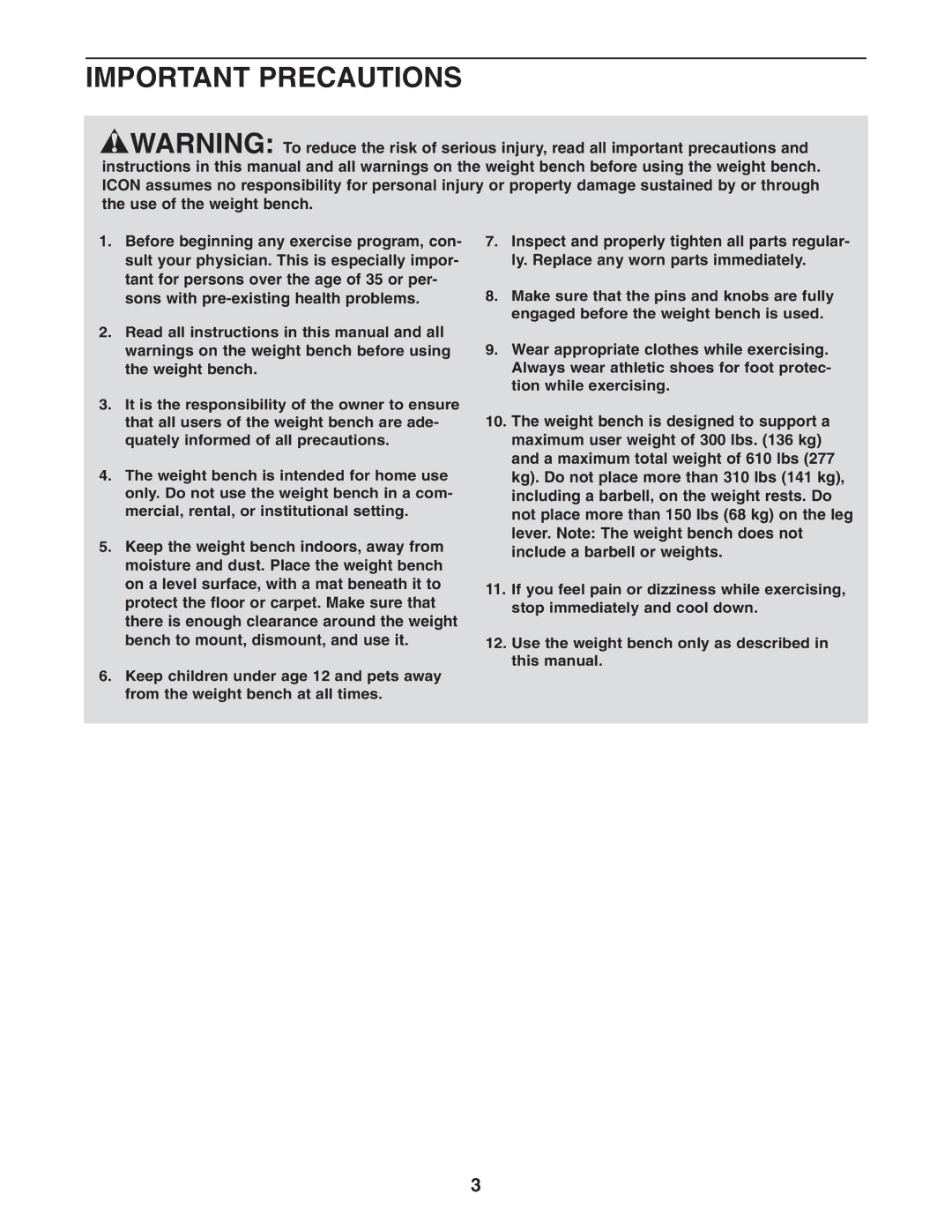 Gold's Gym GGBE25580 manual Important Precautions 