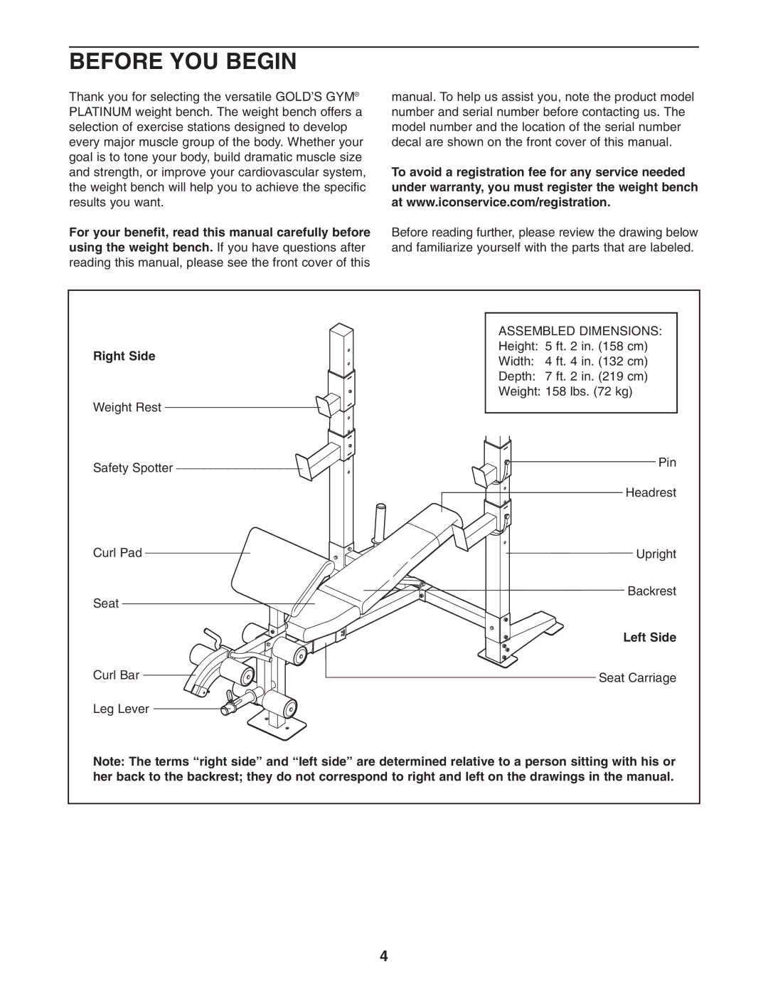 Gold's Gym GGBE25580 manual Before YOU Begin, Right Side, Left Side 