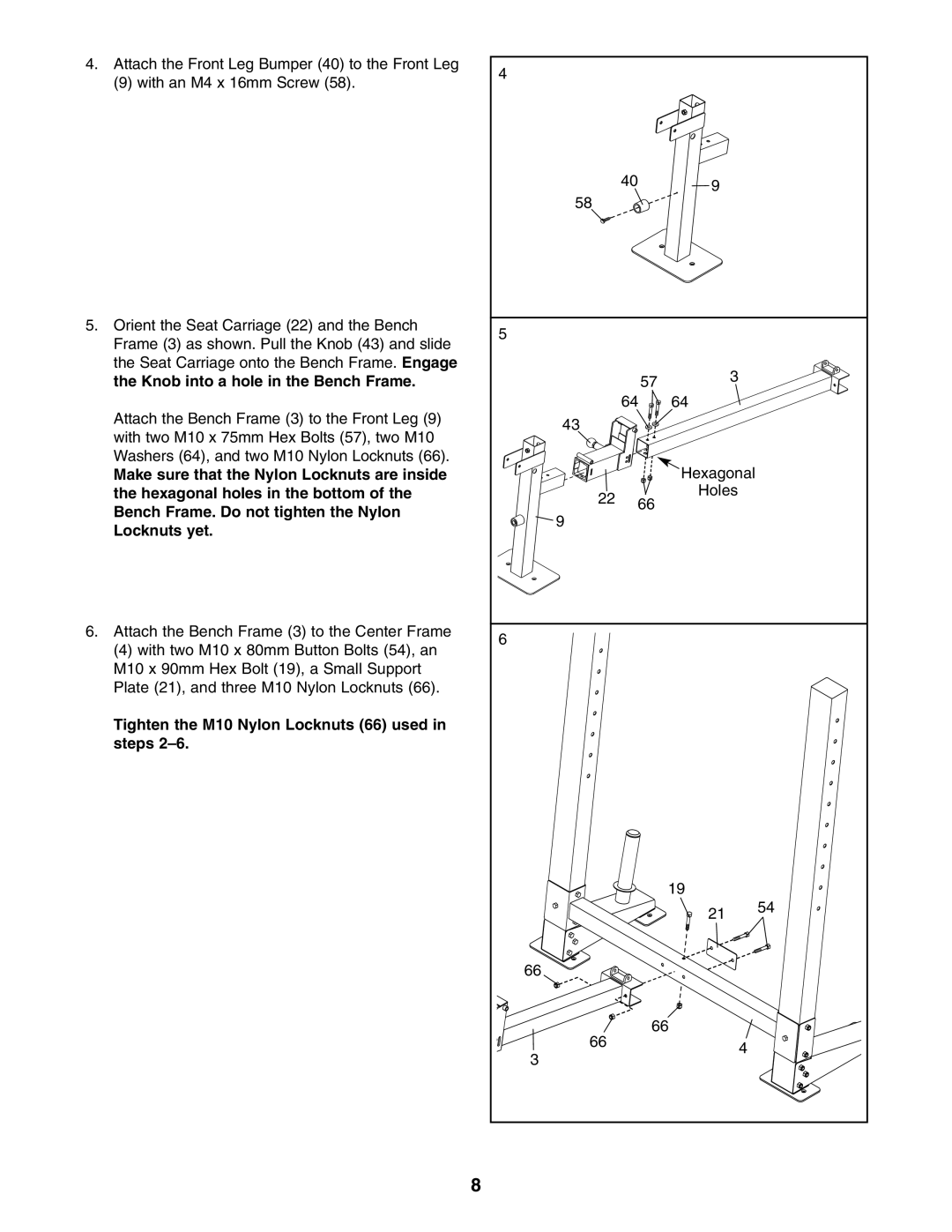 Gold's Gym GGBE25580 manual Tighten the M10 Nylon Locknuts 66 used in steps 