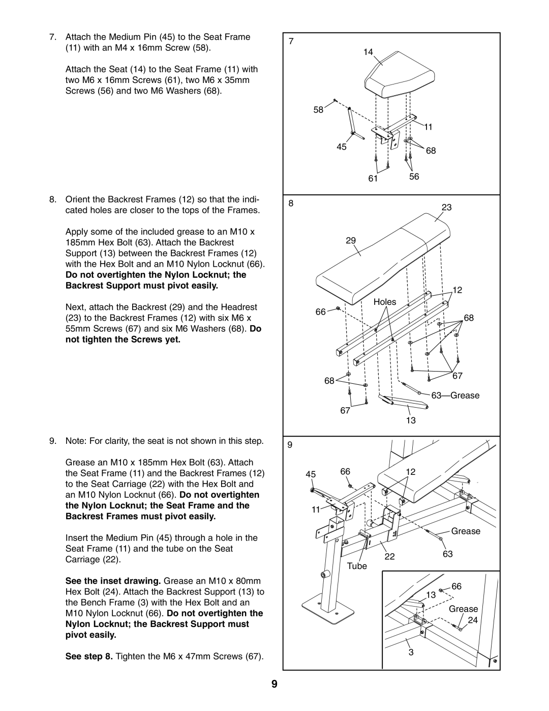 Gold's Gym GGBE25580 manual See . Tighten the M6 x 47mm Screws Holes Grease Tube 