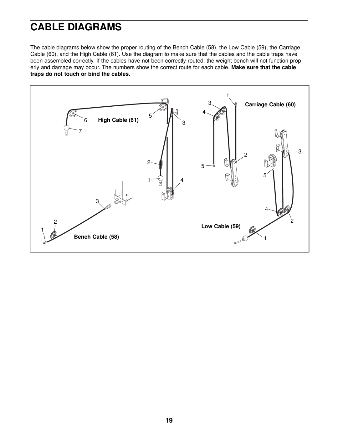 Gold's Gym GGBE29922 manual Cable Diagrams, Carriage Cable High Cable Low Cable Bench Cable 