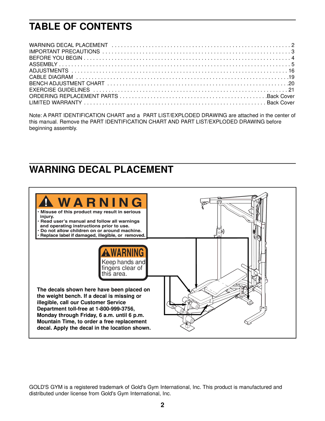 Gold's Gym GGBE29922 manual Table of Contents 