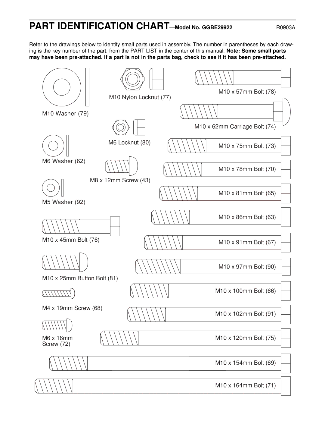 Gold's Gym manual Part Identification CHART-Model No. GGBE29922, R0903A 