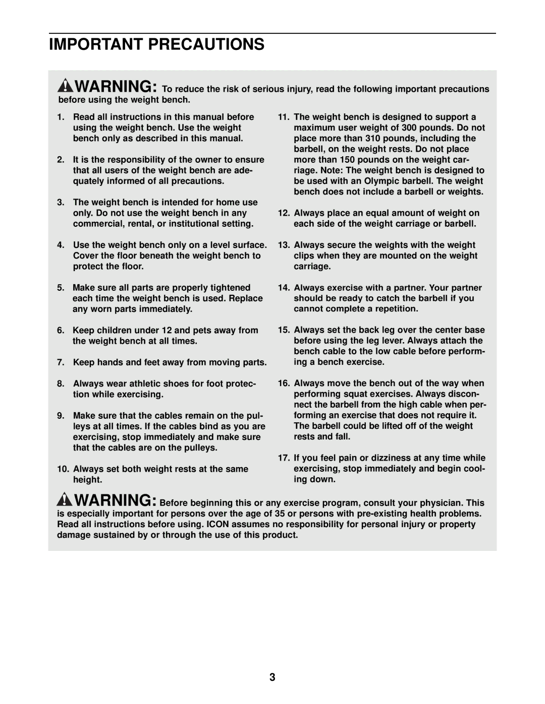 Gold's Gym GGBE29922 manual Important Precautions 