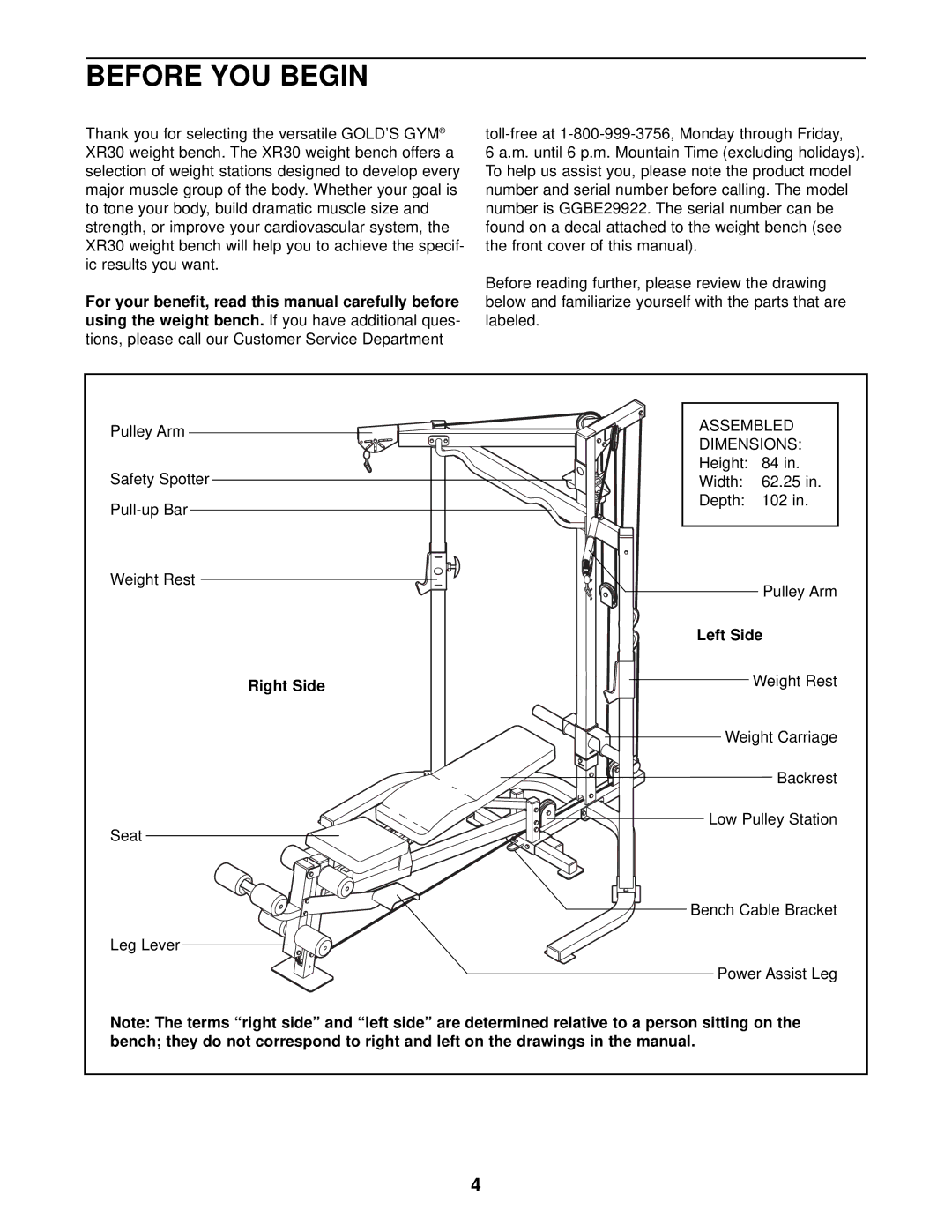 Gold's Gym GGBE29922 manual Before YOU Begin, Left Side Right Side Weight Rest 