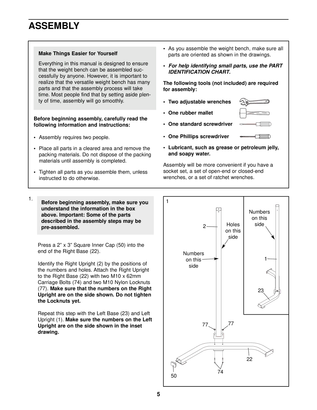 Gold's Gym GGBE29922 manual Assembly, Make Things Easier for Yourself, Upright are on the side shown in the inset drawing 