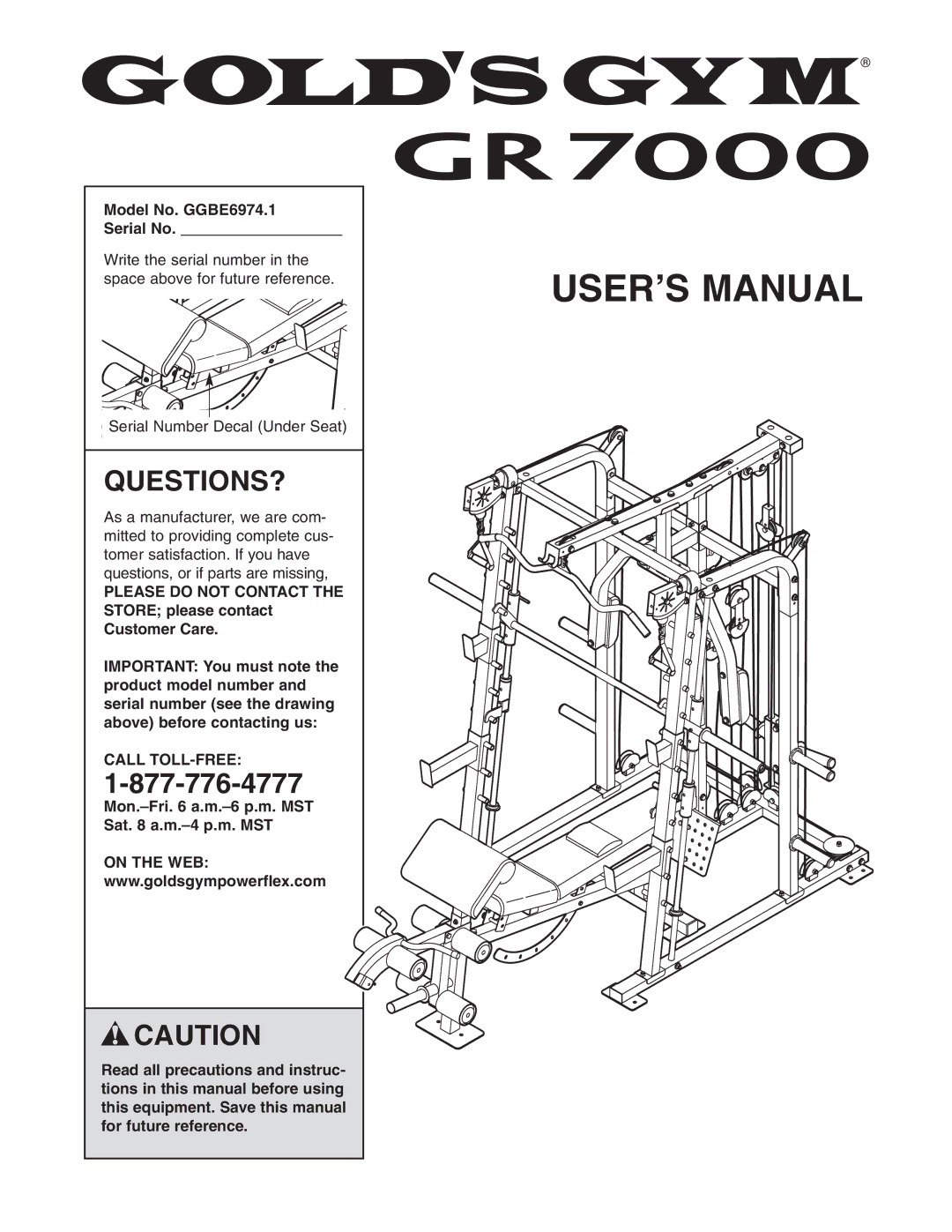 Gold's Gym manual Questions?, Model No. GGBE6974.1 Serial No, Call TOLL-FREE 