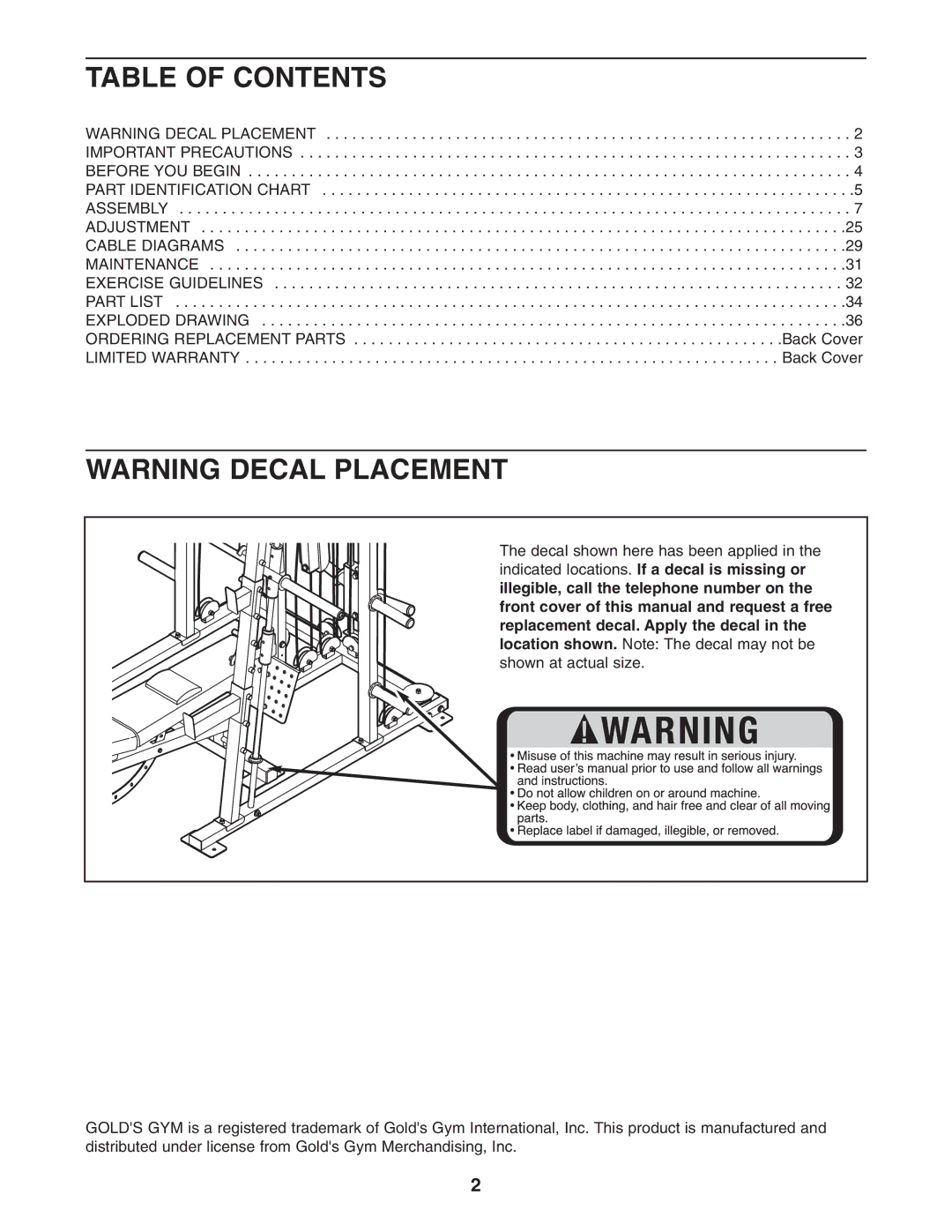 Gold's Gym GGBE6974.1 manual Table of Contents 