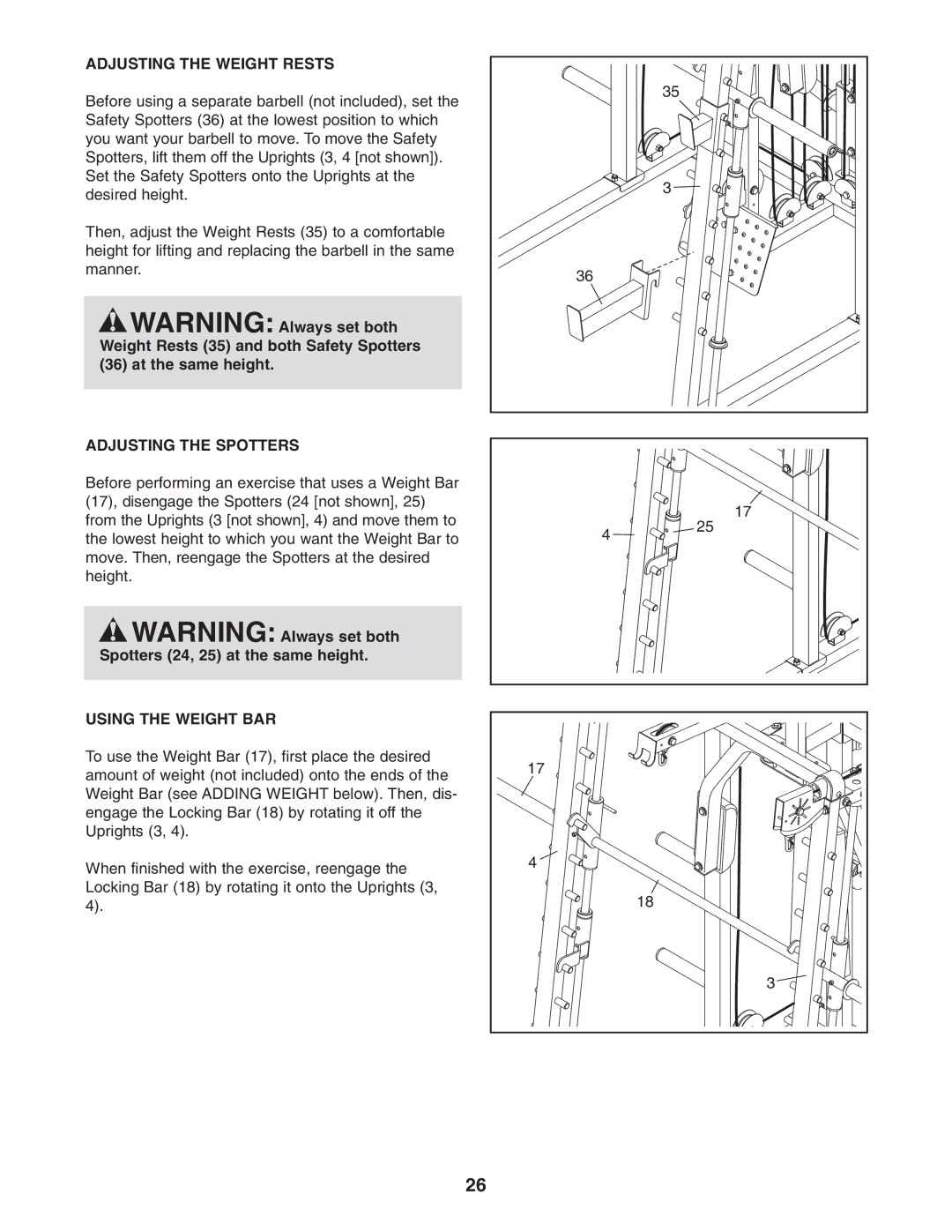 Gold's Gym GGBE6974.1 manual Adjusting the Weight Rests, Adjusting the Spotters, Using the Weight BAR 