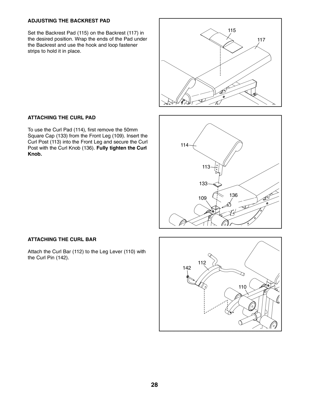 Gold's Gym GGBE6974.1 manual Adjusting the Backrest PAD, Attaching the Curl PAD, Knob, Attaching the Curl BAR 