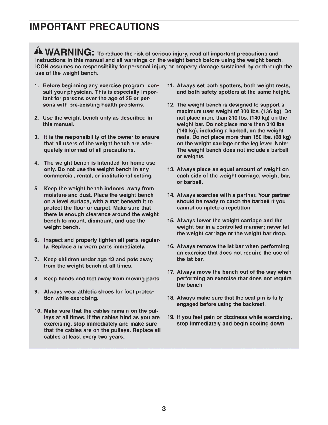 Gold's Gym GGBE6974.1 manual Important Precautions 