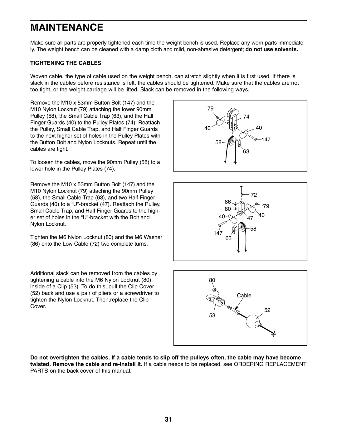 Gold's Gym GGBE6974.1 manual Maintenance, Tightening the Cables 