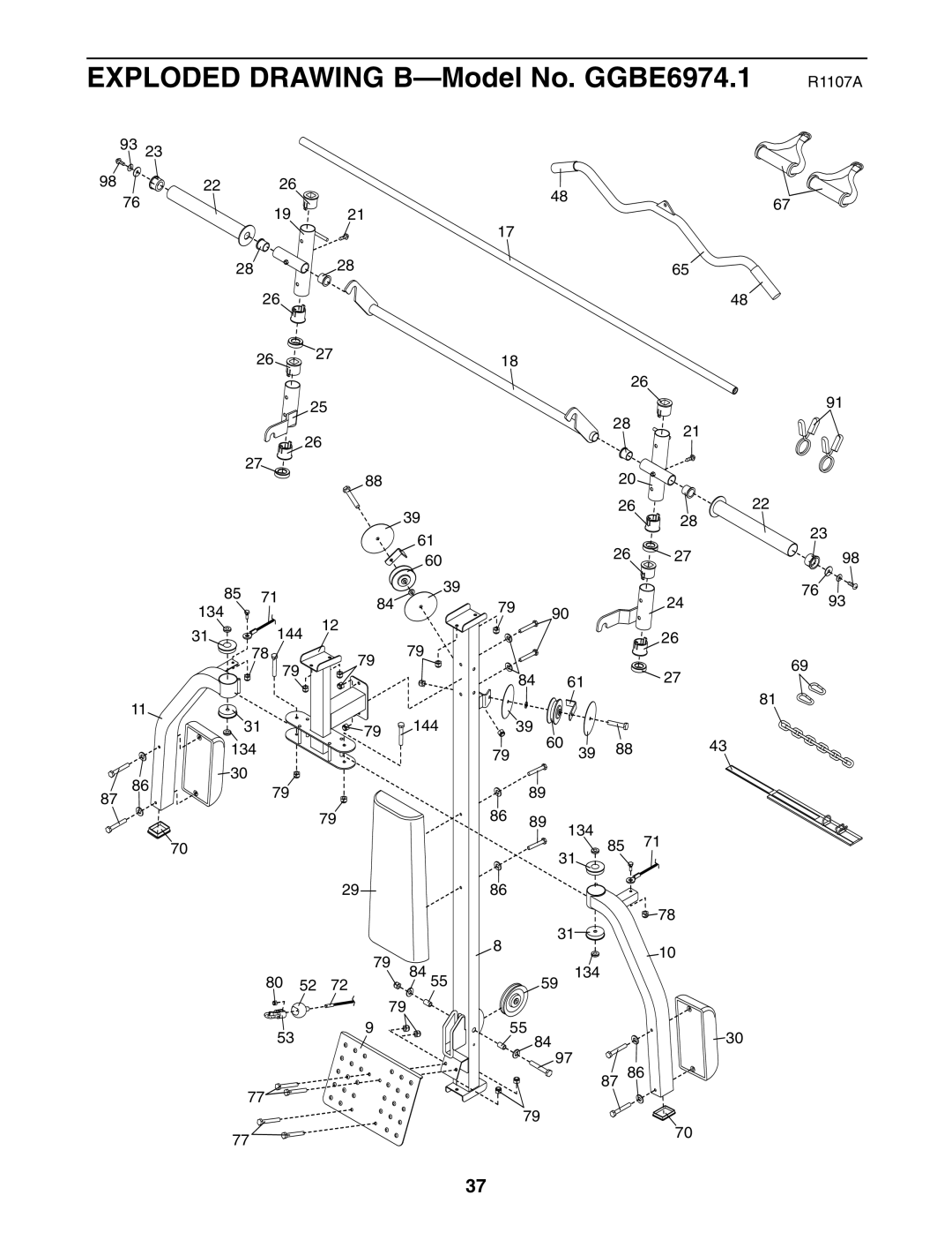 Gold's Gym manual Exploded Drawing B-Model No. GGBE6974.1 R1107A 