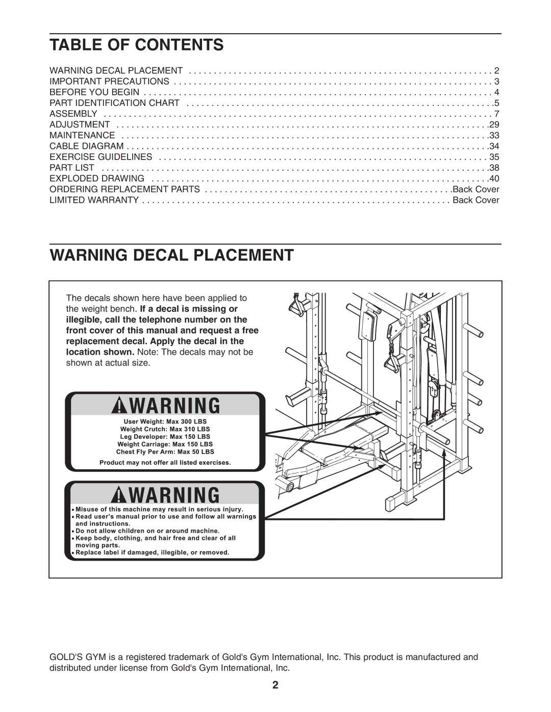 Gold's Gym GGBE8057.0 manual Table of Contents 