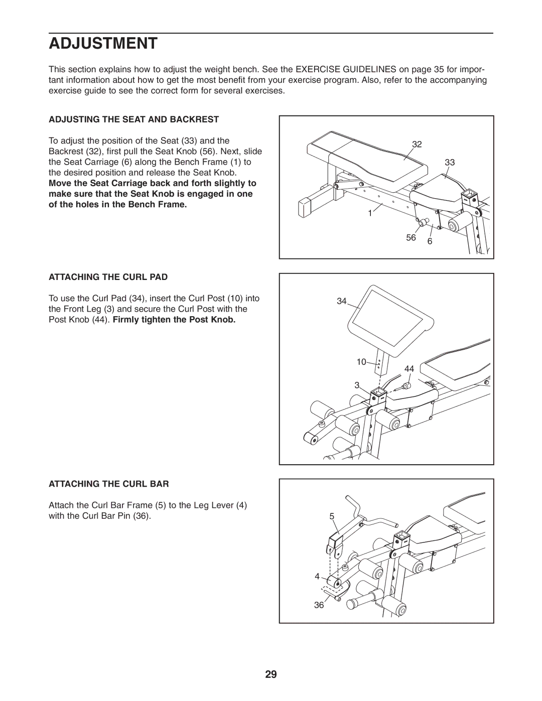 Gold's Gym GGBE8057.0 manual Adjustment, Adjusting the Seat and Backrest, Attaching the Curl PAD, Attaching the Curl BAR 