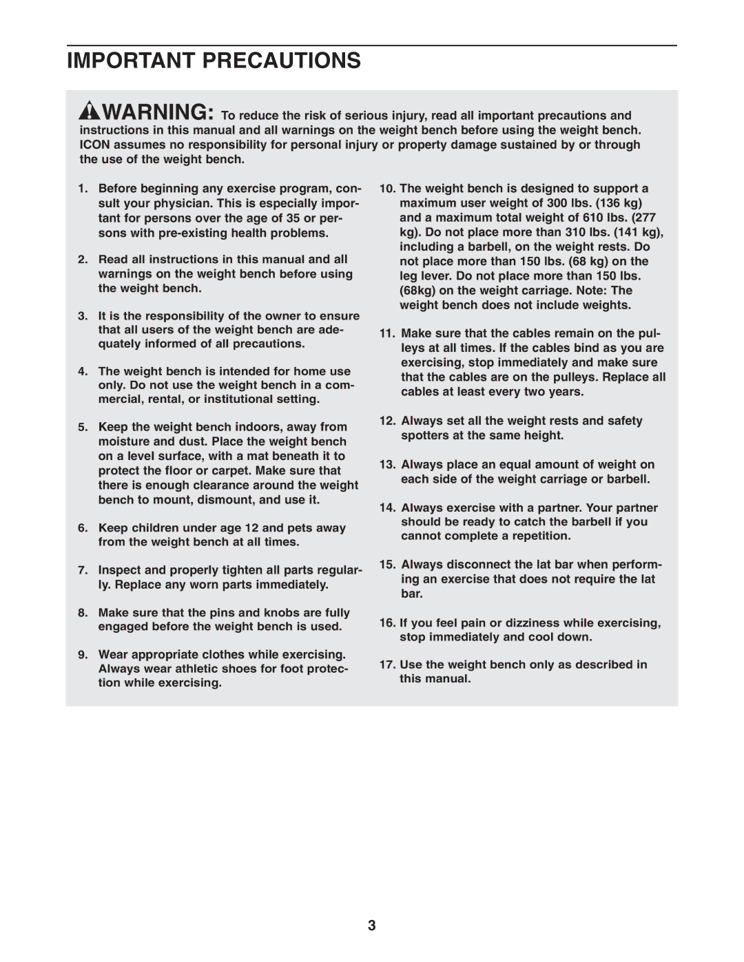 Gold's Gym GGBE8057.0 manual Important Precautions 