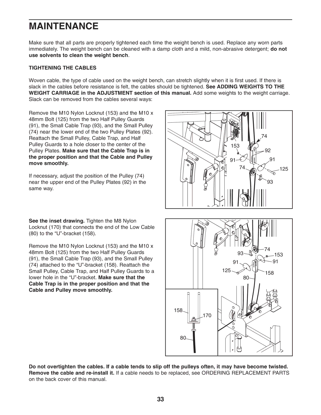 Gold's Gym GGBE8057.0 manual Maintenance, Tightening the Cables 