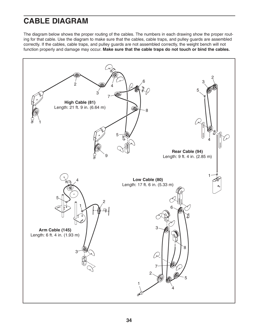 Gold's Gym GGBE8057.0 manual Cable Diagram, High Cable, Rear Cable, Low Cable, Arm Cable 