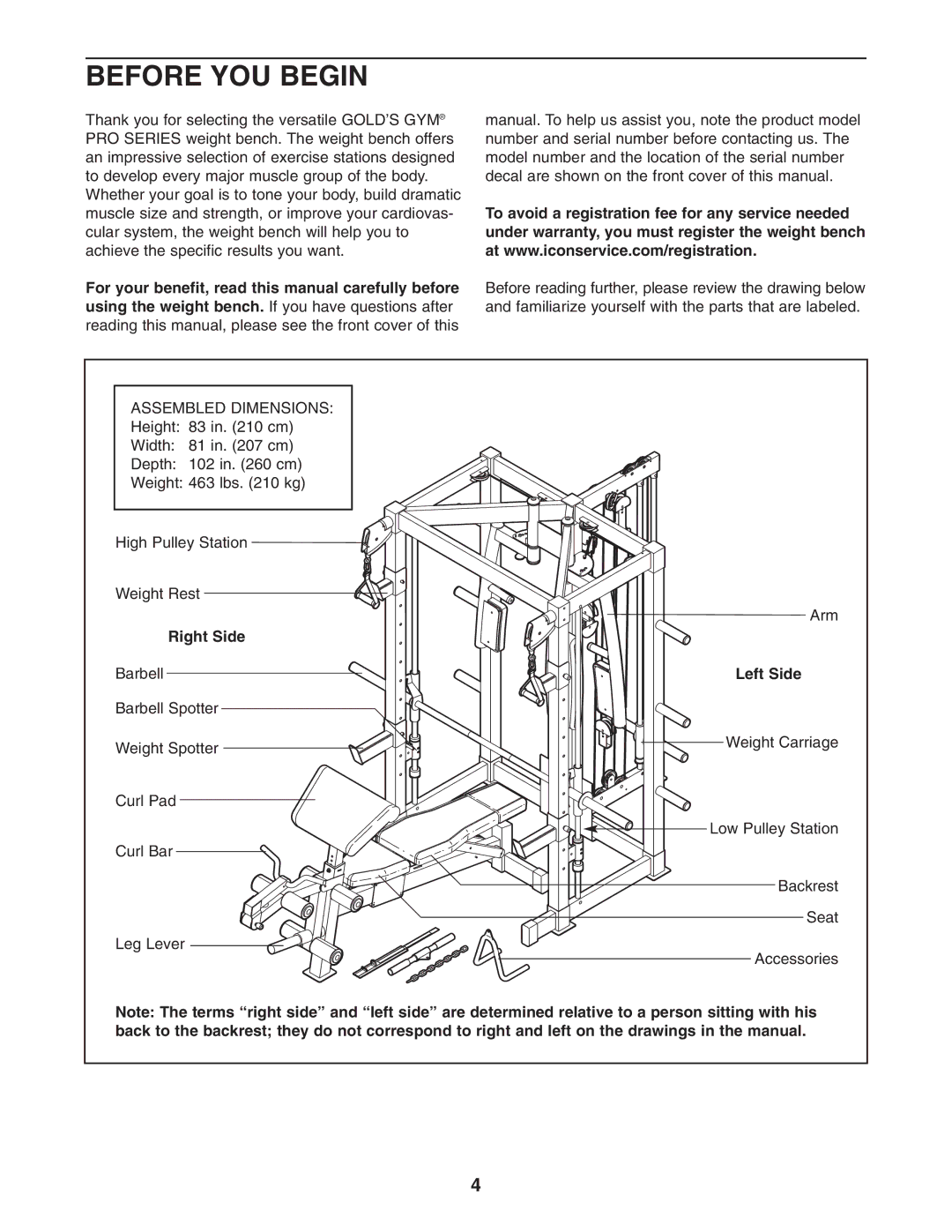 Gold's Gym GGBE8057.0 manual Before YOU Begin, Right Side, Left Side 