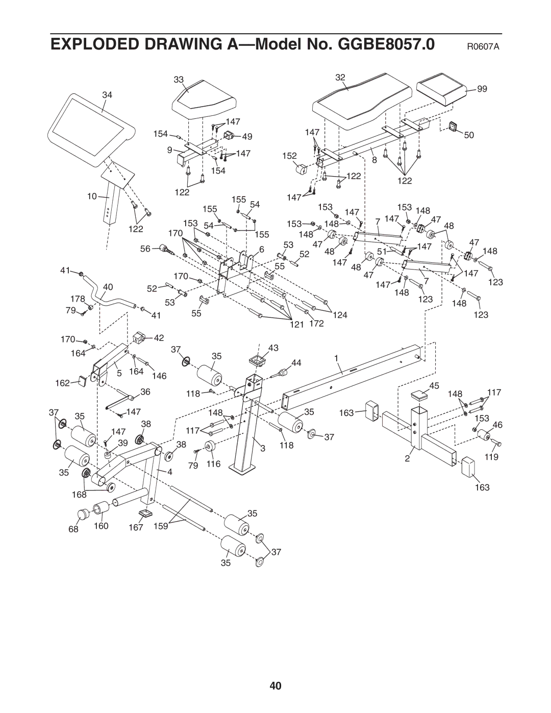 Gold's Gym manual Exploded Drawing A-Model No. GGBE8057.0 R0607A 