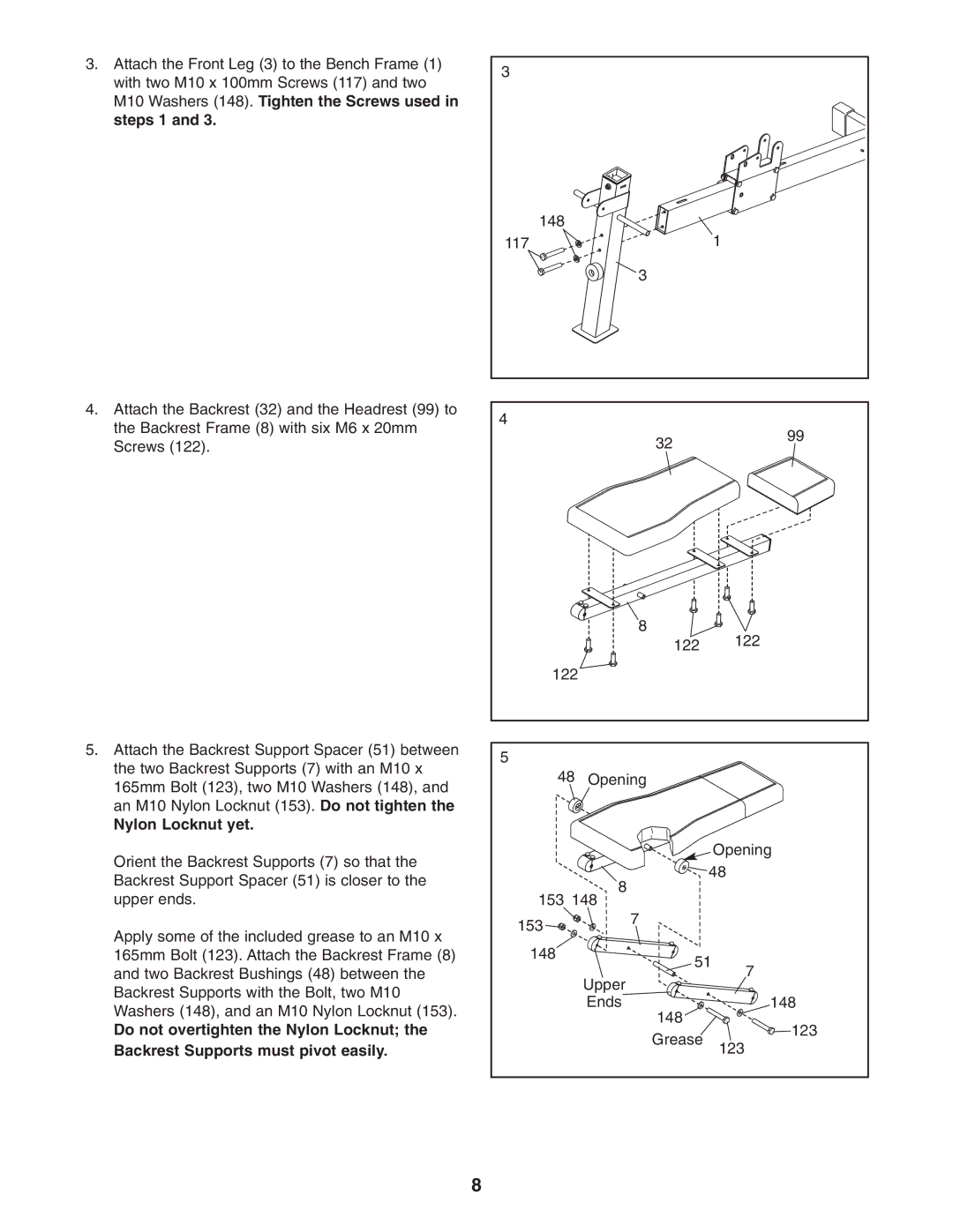 Gold's Gym GGBE8057.0 manual M10 Washers 148. Tighten the Screws used in steps 1, Nylon Locknut yet 