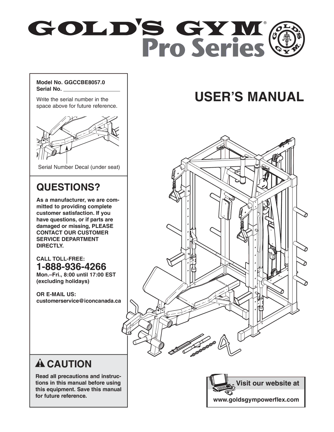 Gold's Gym manual Questions?, Model No. GGCCBE8057.0 Serial No, Call TOLL-FREE 