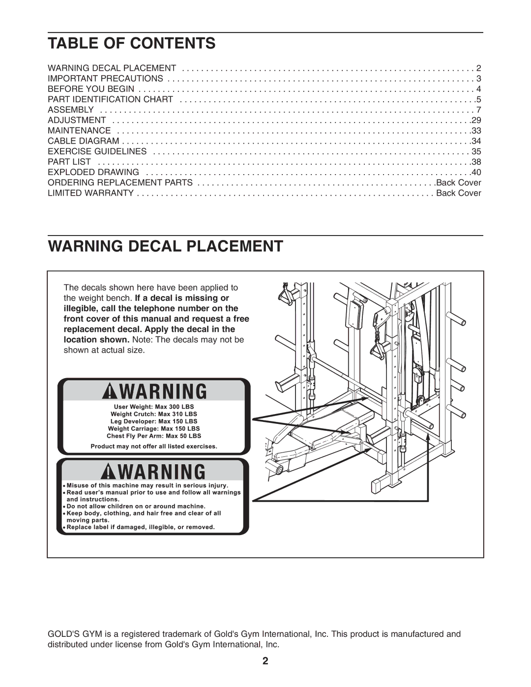 Gold's Gym GGCCBE8057.0 manual Table of Contents 