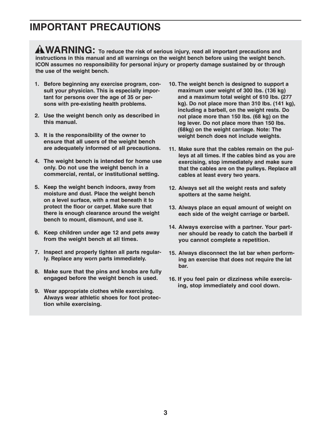 Gold's Gym GGCCBE8057.0 manual Important Precautions 