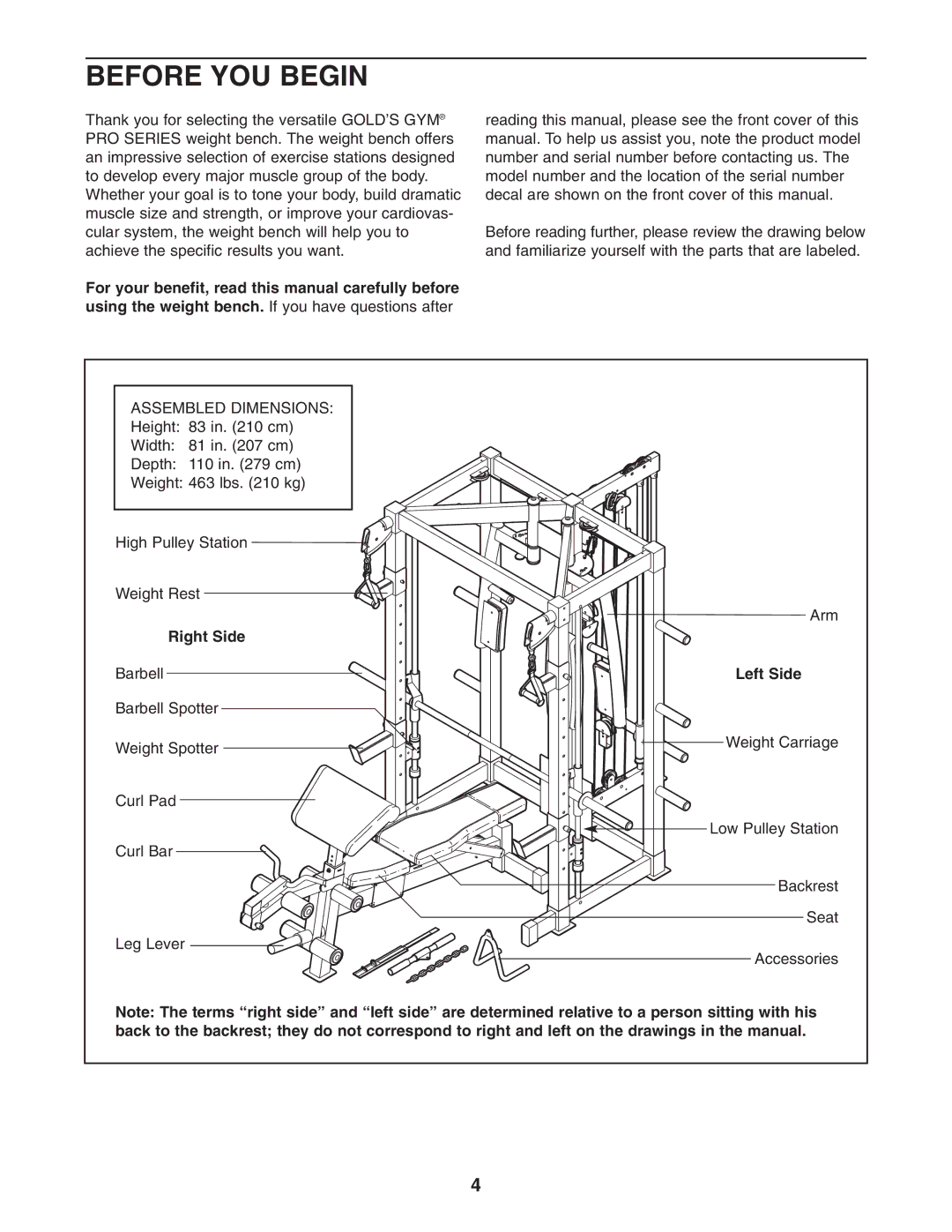 Gold's Gym GGCCBE8057.0 manual Before YOU Begin, Right Side, Left Side 