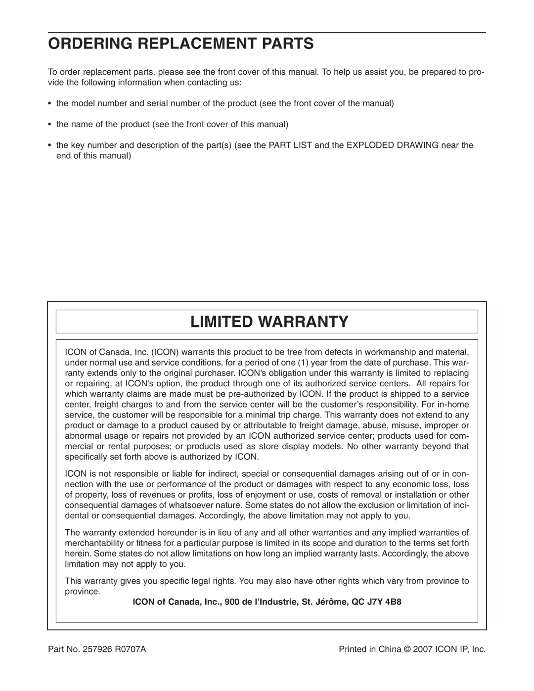 Gold's Gym GGCCBE8057.0 manual Ordering Replacement Parts, Limited Warranty 