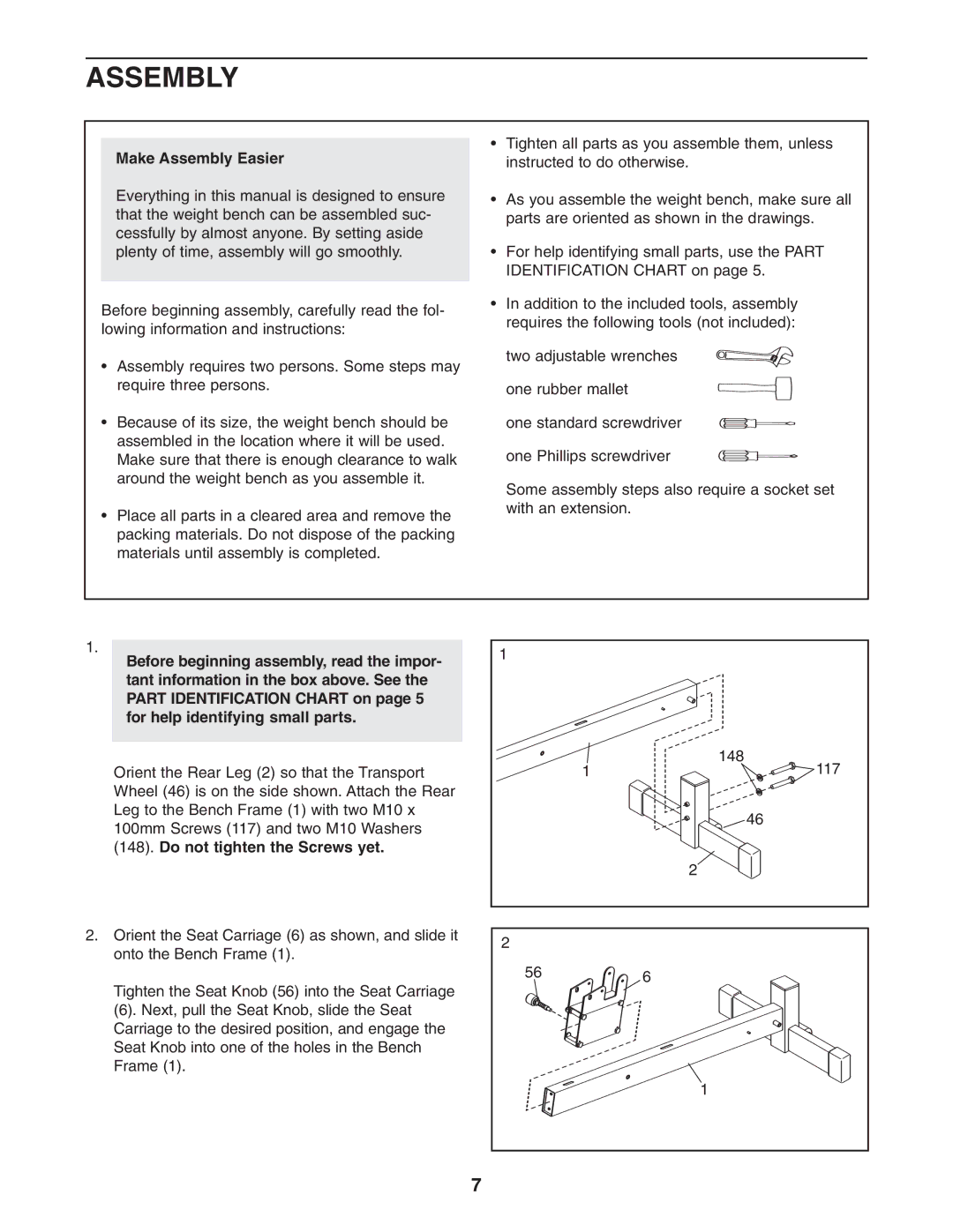 Gold's Gym GGCCBE8057.0 manual Make Assembly Easier, Do not tighten the Screws yet 