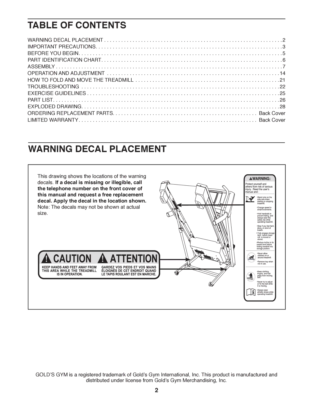 Gold's Gym GGCTL59611.0 manual Table of Contents 