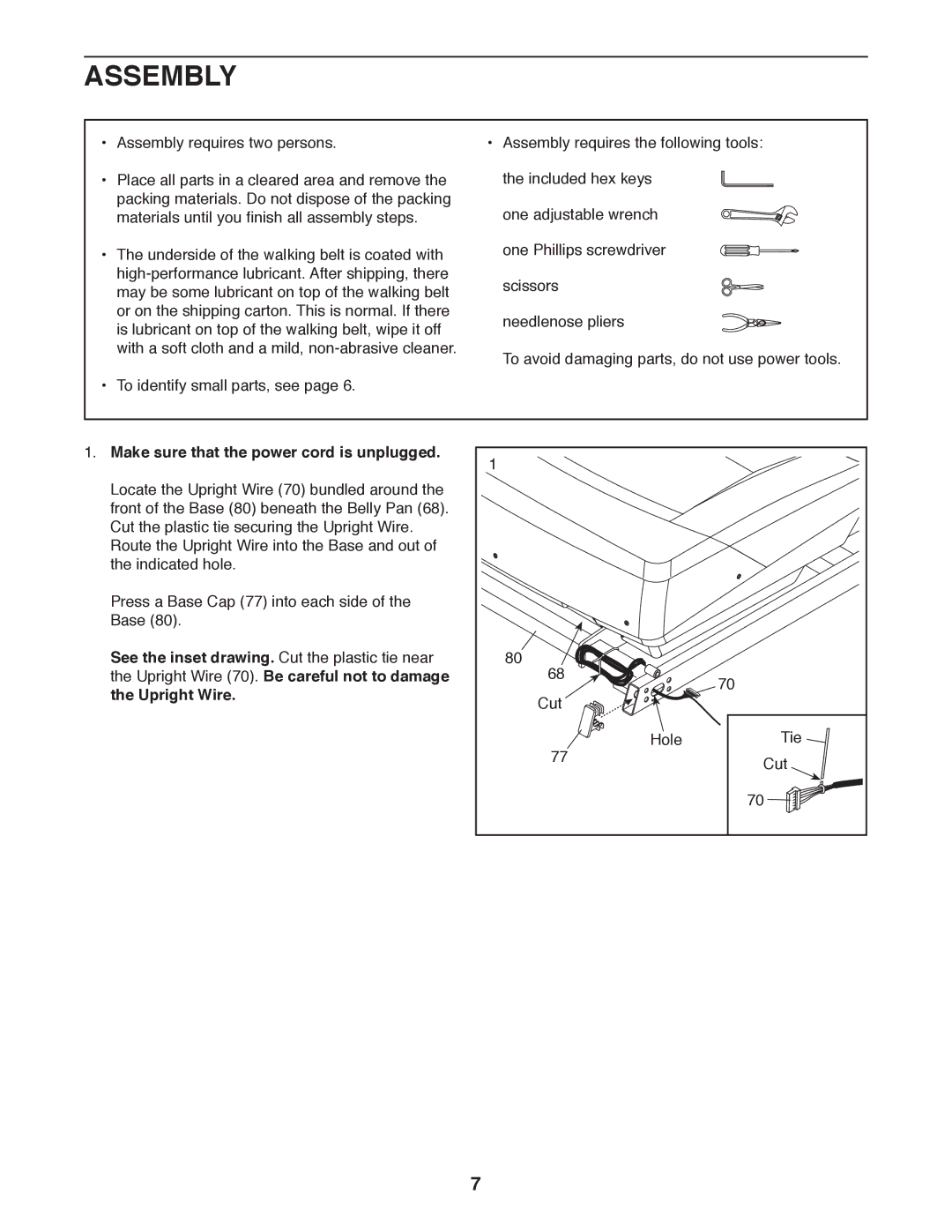 Gold's Gym GGCTL59611.0 manual Assembly, Make sure that the power cord is unplugged 