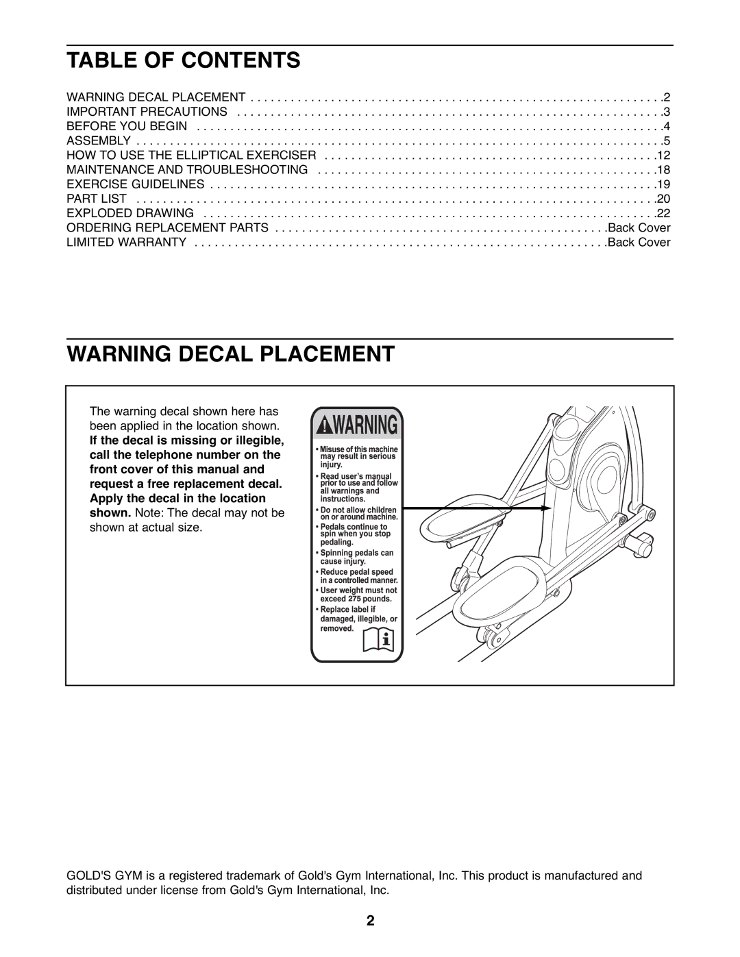 Gold's Gym GGEL60407.1 manual Table of Contents 