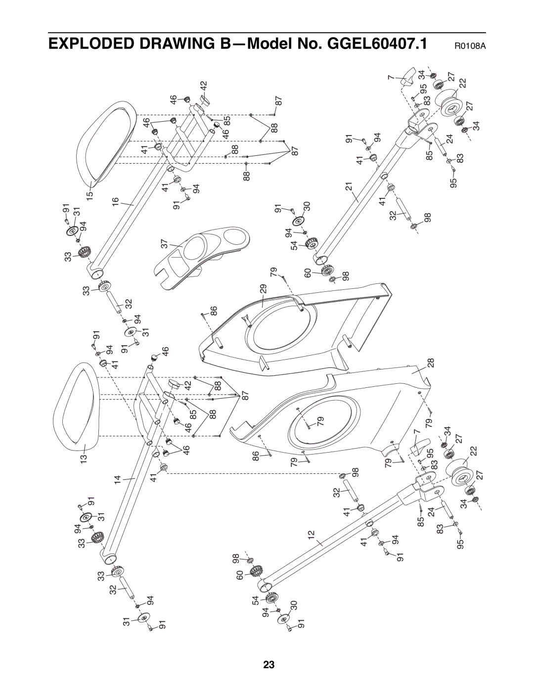 Gold's Gym manual Exploded Drawing B-Model No. GGEL60407.1 R0108A 