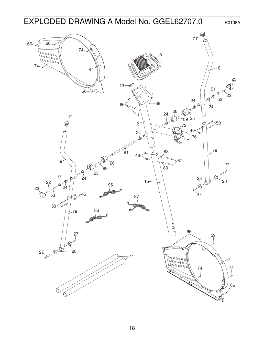 Gold's Gym manual Exploded Drawing A-Model No. GGEL62707.0 R0108A 