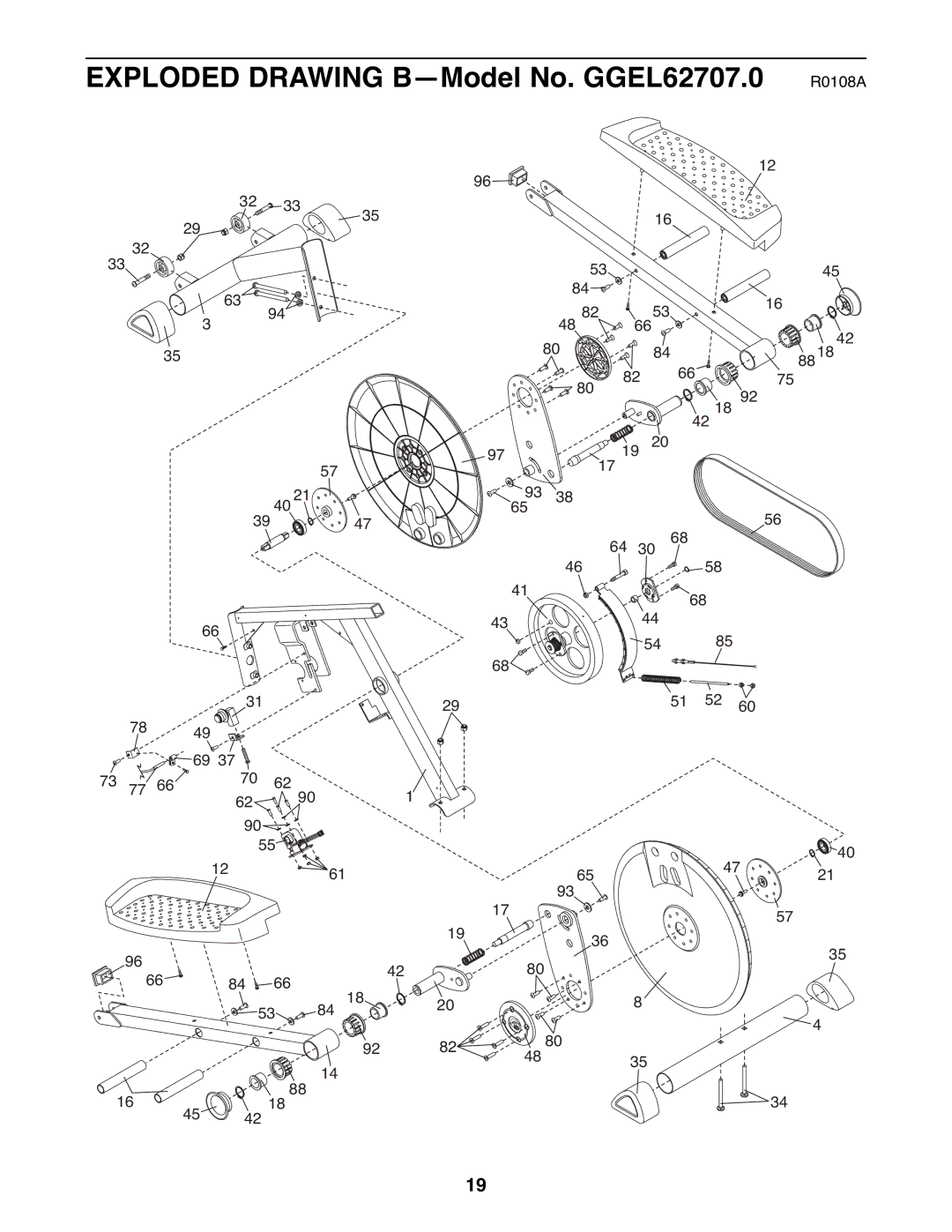 Gold's Gym manual Exploded Drawing B-Model No. GGEL62707.0 R0108A 