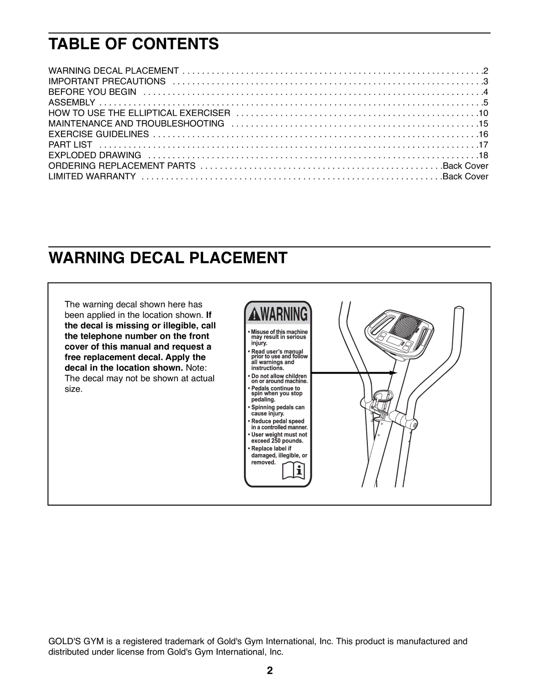 Gold's Gym GGEL62707.0 manual Table of Contents 