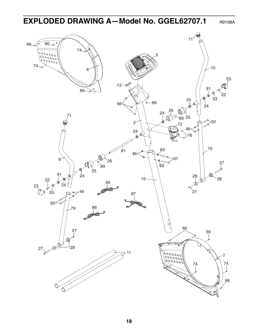 Gold's Gym manual Exploded Drawing A-Model No. GGEL62707.1 R0108A 