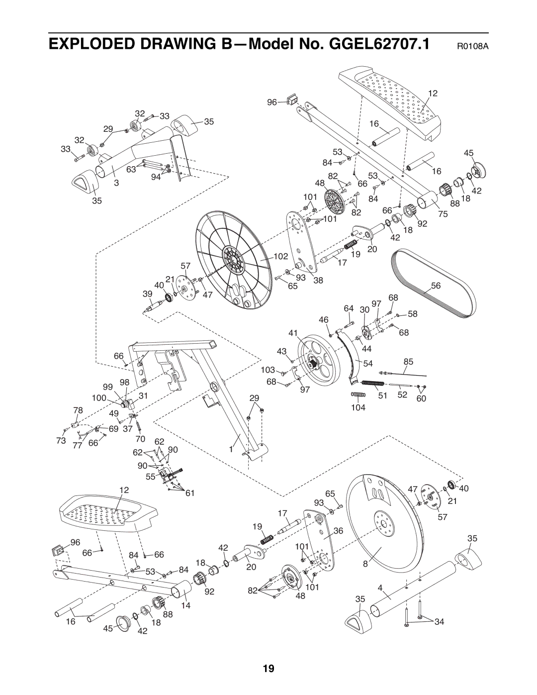 Gold's Gym manual Exploded Drawing B-Model No. GGEL62707.1 R0108A 