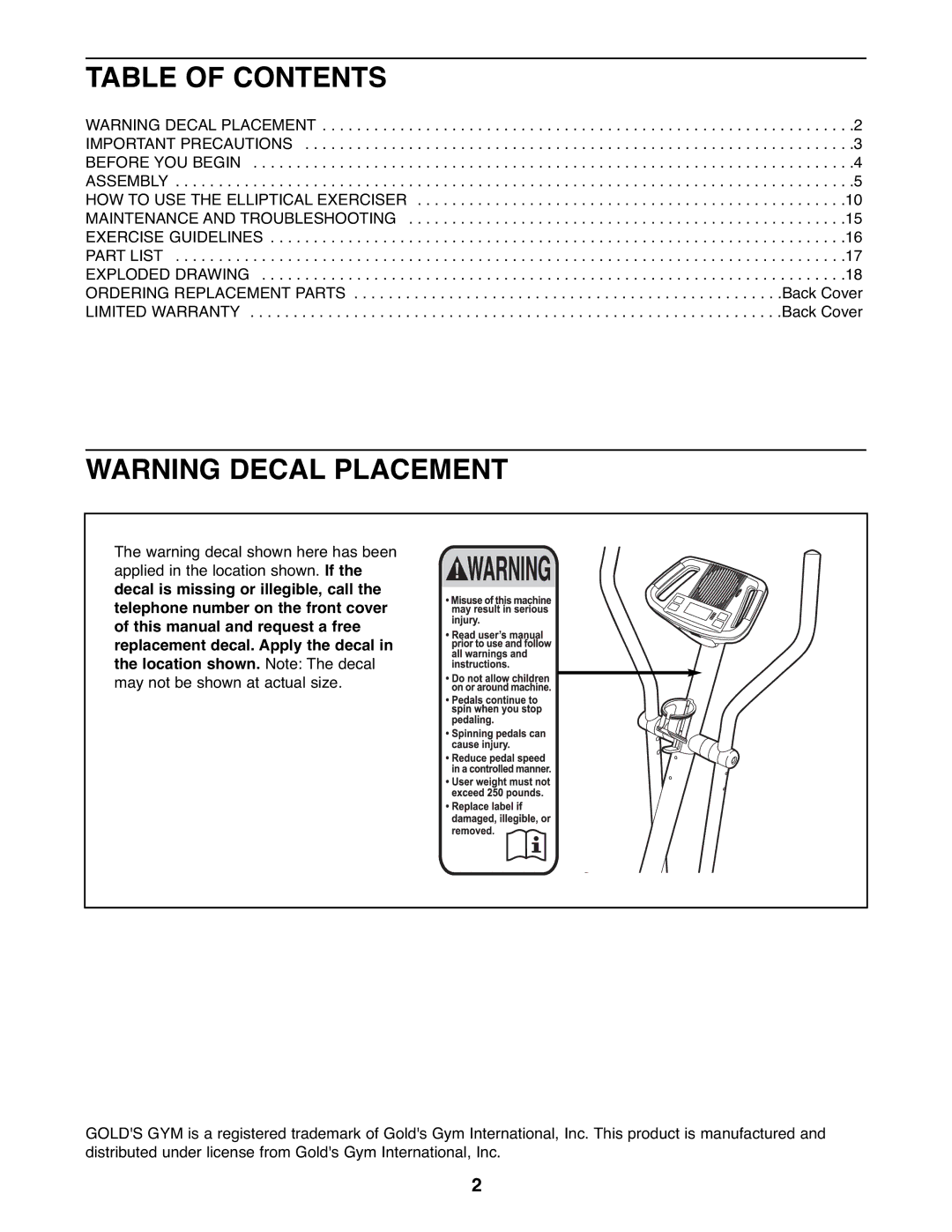 Gold's Gym GGEL62707.1 manual Table of Contents 