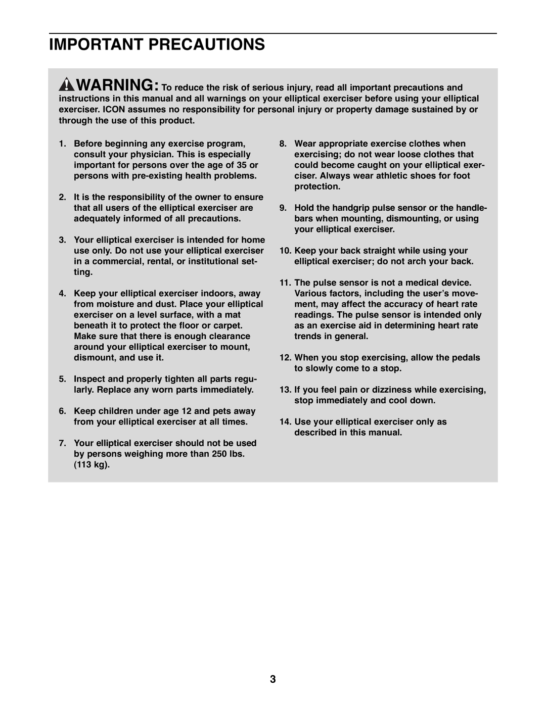 Gold's Gym GGEL62707.1 manual Important Precautions 