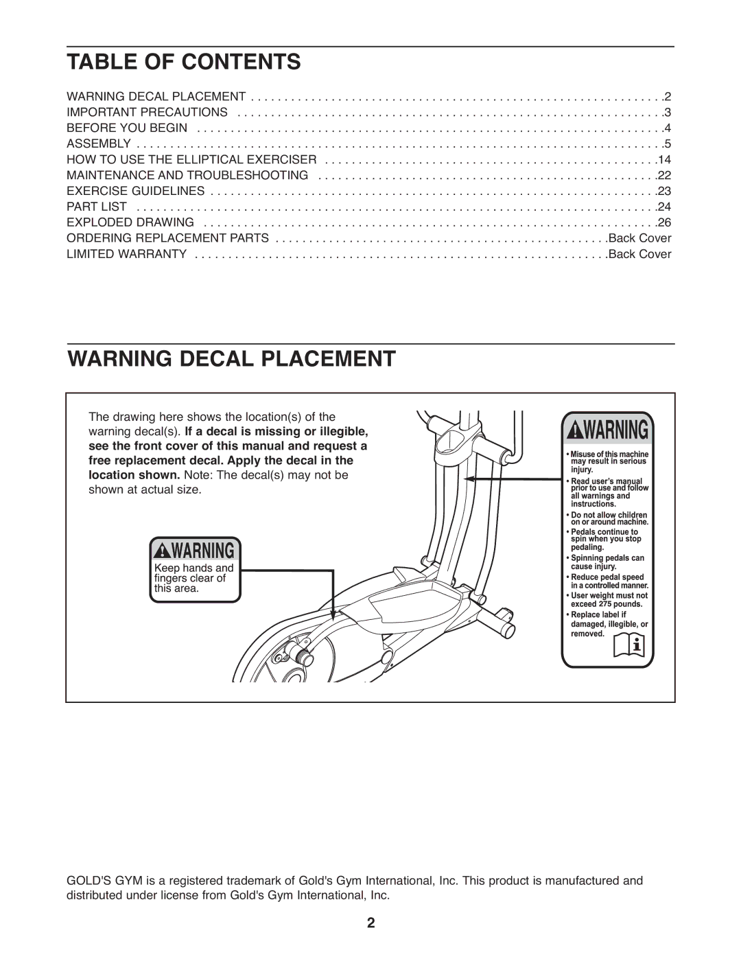 Gold's Gym GGEL66008.0 manual Table of Contents 