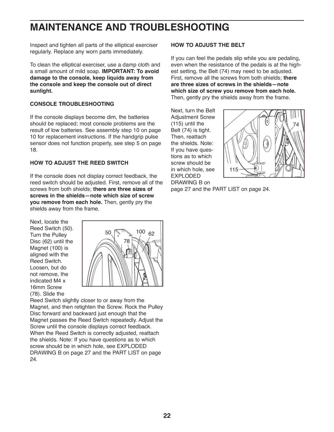 Gold's Gym GGEL66008.0 manual Maintenance and Troubleshooting, Console Troubleshooting, HOW to Adjust the Reed Switch 