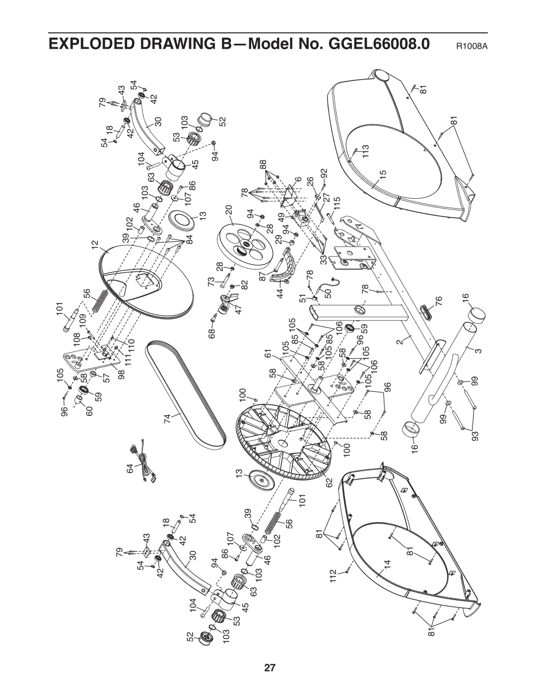 Gold's Gym manual Exploded Drawing B-Model No. GGEL66008.0 R1008A 