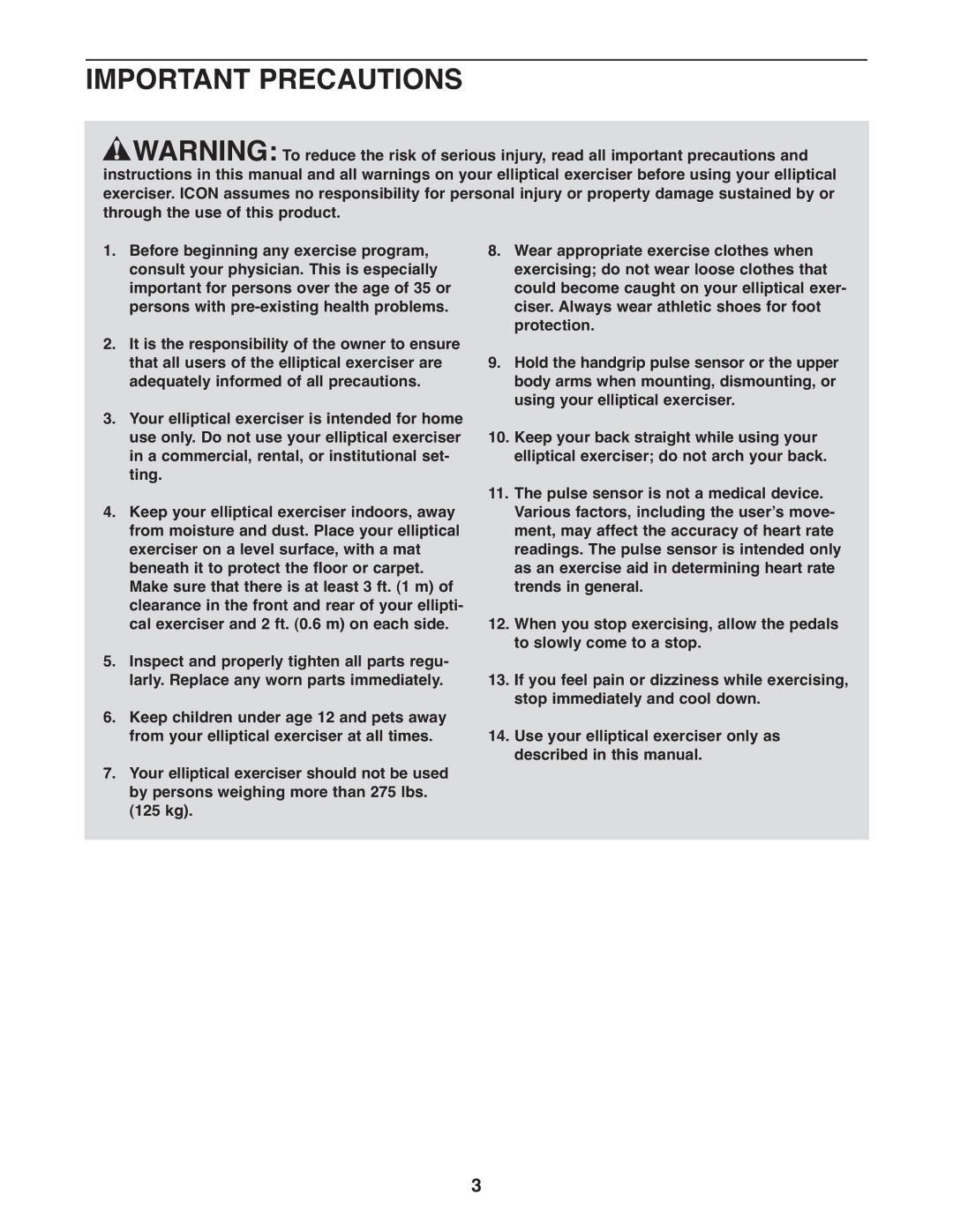 Gold's Gym GGEL66008.0 manual Important Precautions 