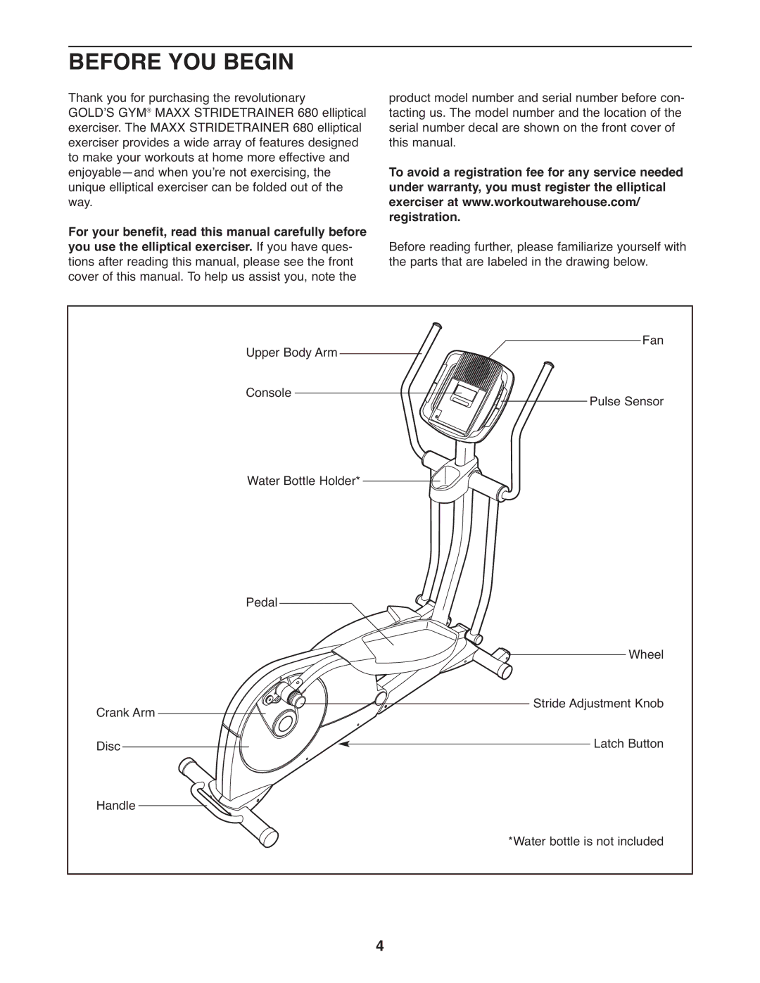 Gold's Gym GGEL66008.0 manual Before YOU Begin 